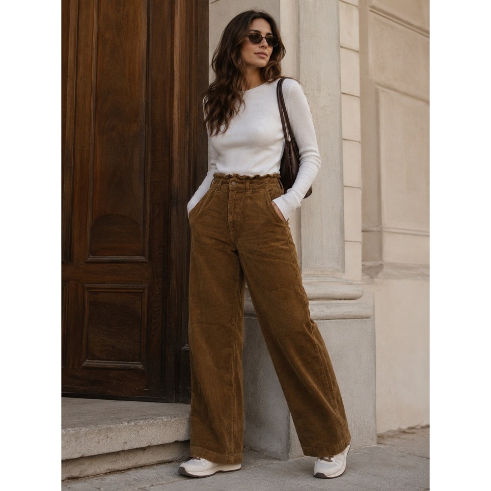 TGLA Pants Women XS Brown Corduroy Paperbag Boho Neutral High Rise